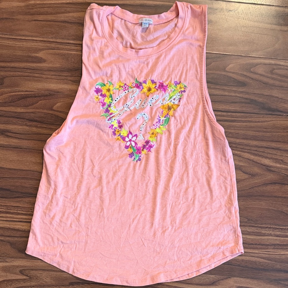 Guess Pink Floral Logo Muscle Tank